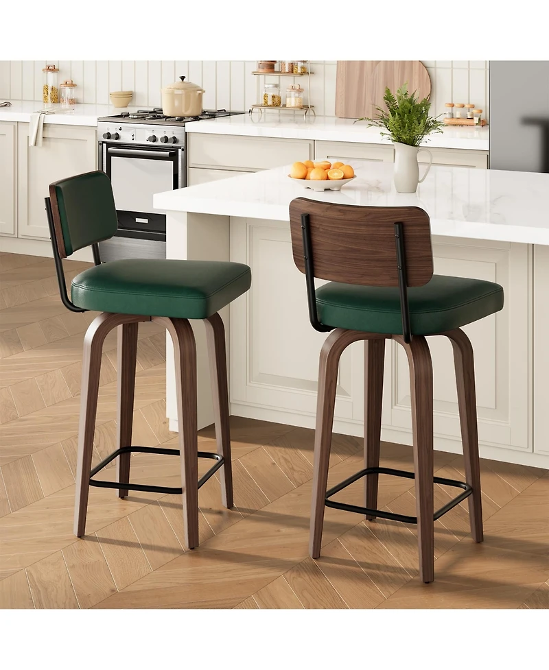 homfan Set of 2 Swivel Counter Height Bar Stools, 26 Inch Upholstered Chairs with Backrest and Mid Century Faux Leather Stools for Kitchen