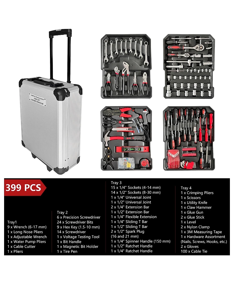 Sugift 399-Piece Rolling Tool Set, Home Repair Tools with 4 Drawers, Wheels, and Aluminum Case