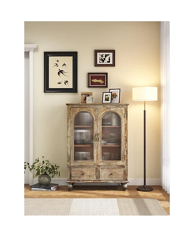 Streamdale Furniture Farmhouse Distressed Wood Kitchen Pantry Cabinet with Glass Doors and Drawers