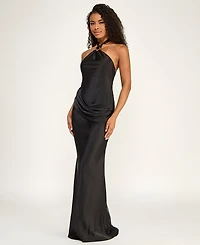 Seni & Cade Juniors' Asymmetrical Drape Waist Halter Neck Gown