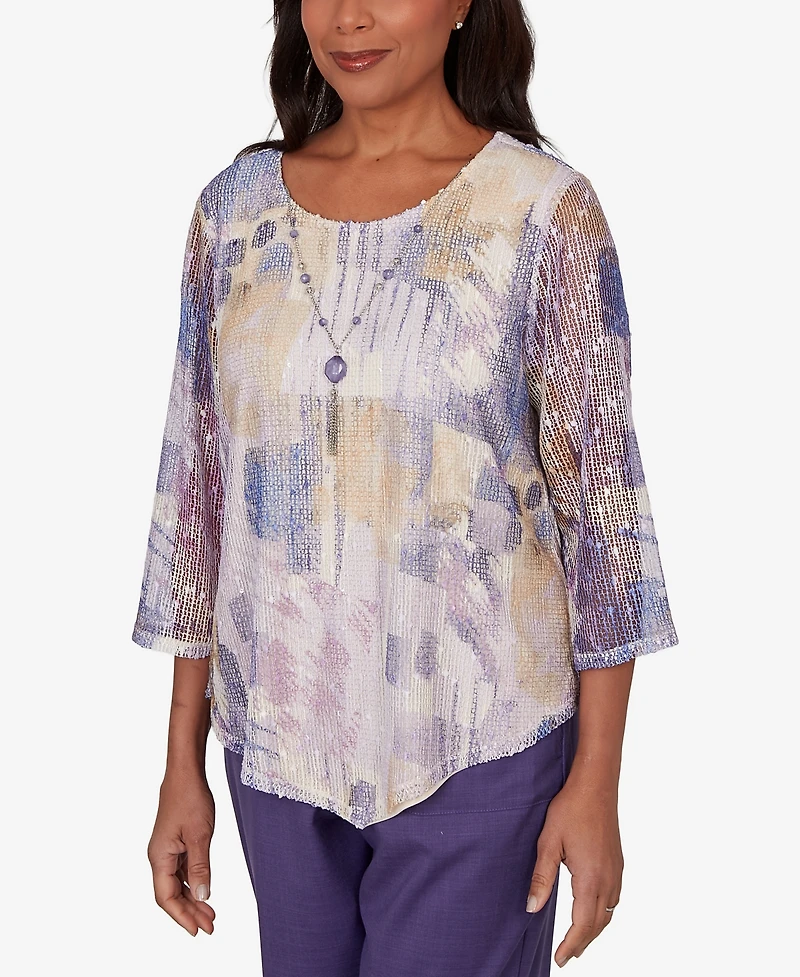 Alfred Dunner Women's Grand Bazaar Stained Glass Mesh Top with Necklace