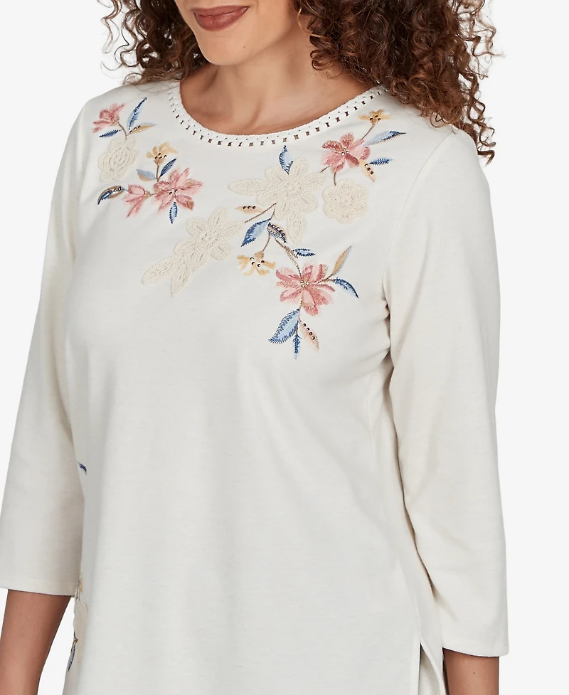Alfred Dunner Women's Camden Market Crochet Embroidered Floral Knit Top