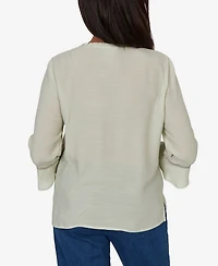 Alfred Dunner Women's Indigo Girls Floral Embroidered Squares Button-Front Top