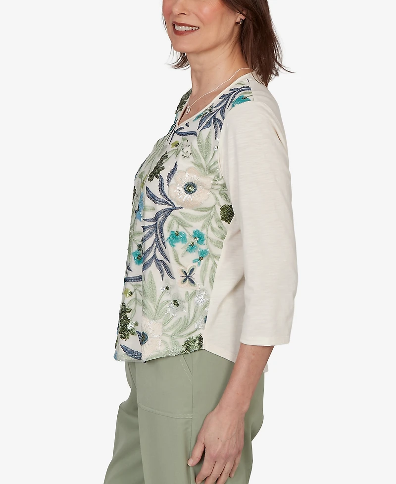 Alfred Dunner Women's Indigo Girls Sequined Floral Mesh Overlay Knit Top