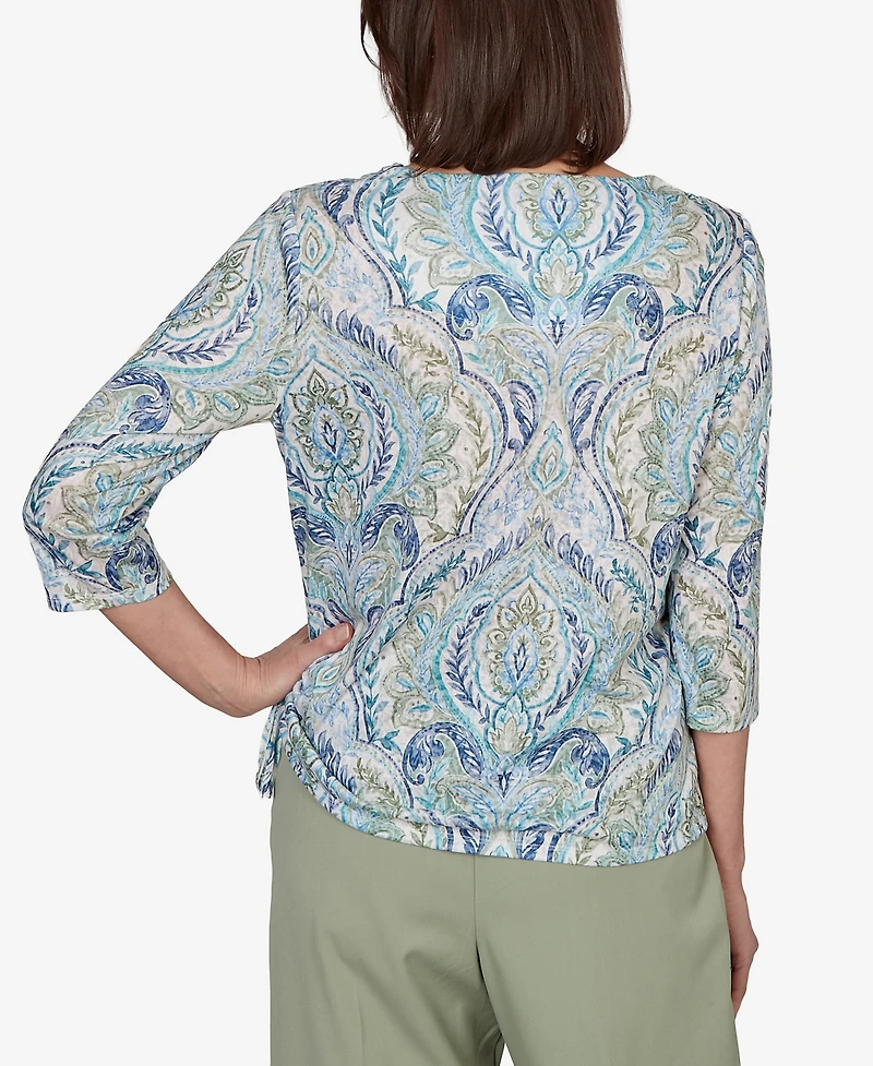 Alfred Dunner Women's Indigo Girls Medallion Print Braided Neck Top