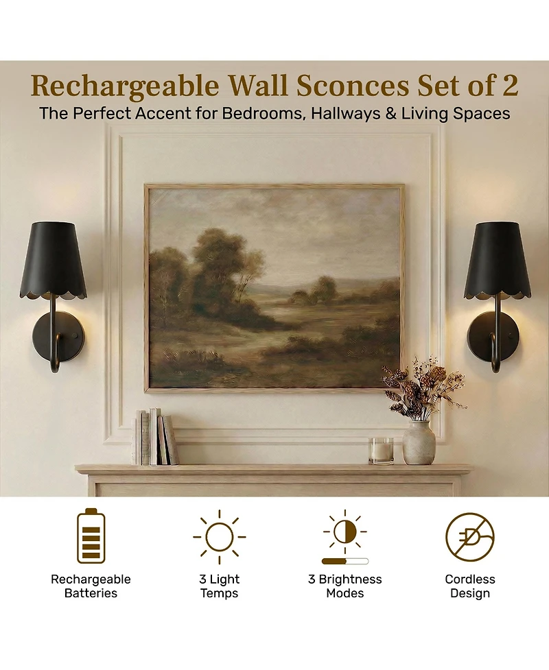 Bell + Howell Set of 2 Metal Scallop Shade Dimmable Led Rechargeable Cordless Touch Control Lights Wall Sconces