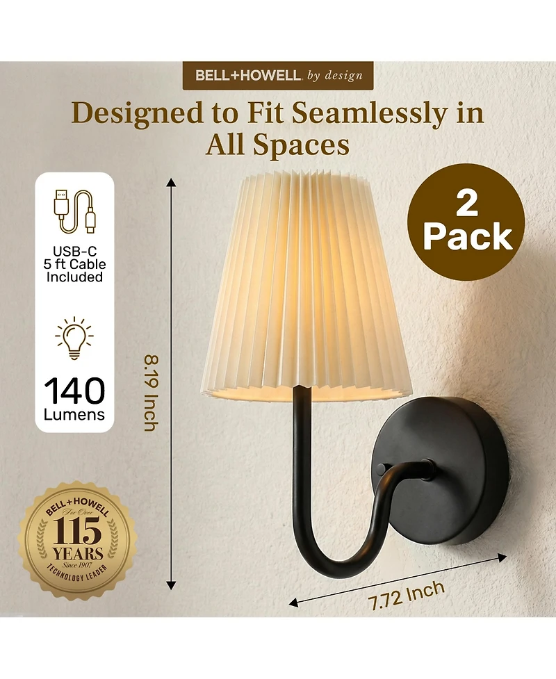 Bell + Howell Set of 2 Accord Pleat Shade Dimmable Led Rechargeable Cordless Touch Control Lights Wall Sconces