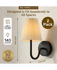 Bell + Howell Set of 2 Accord Pleat Shade Dimmable Led Rechargeable Cordless Touch Control Lights Wall Sconces
