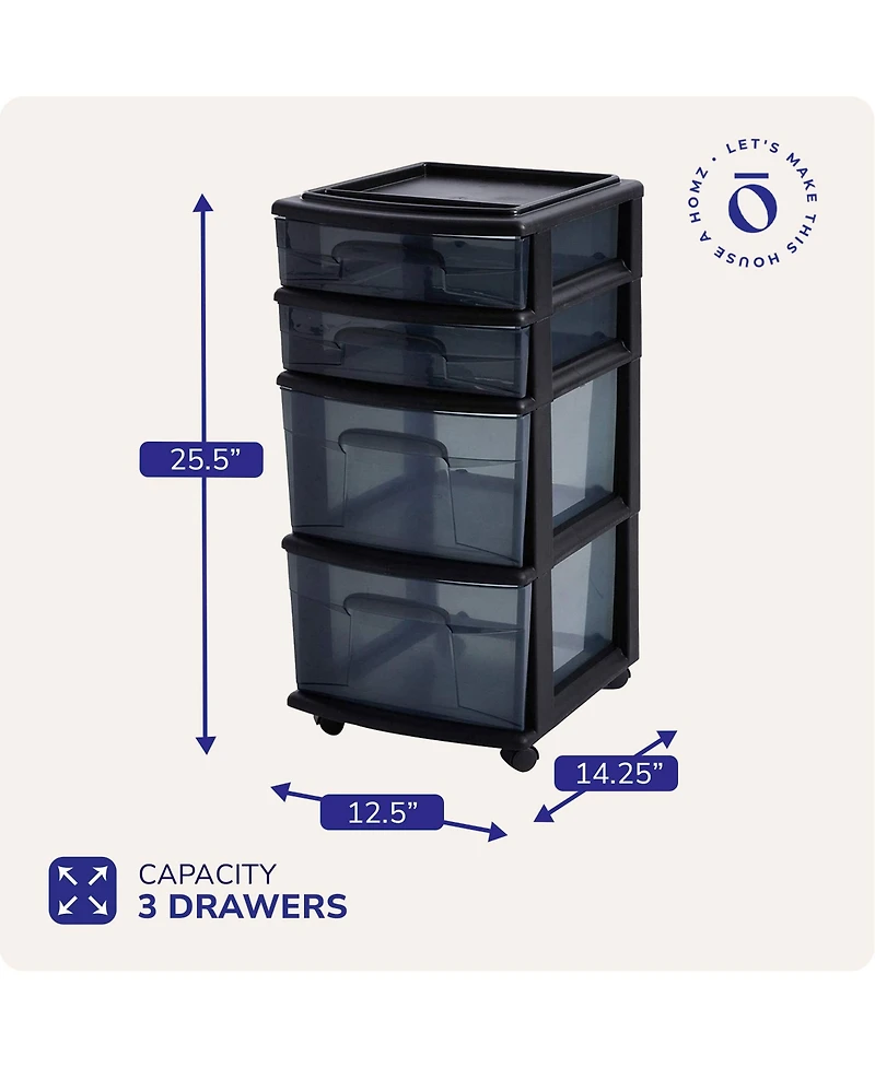Homz Tall Solid Plastic 4 Drawer Medium Storage Cart with Wheels