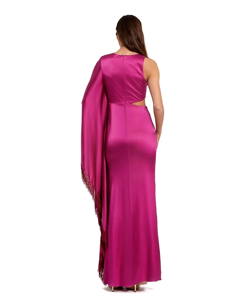 Mac Duggal Women's Charmeuse Kaftan Sleeve Assymetrical Fringe Gown