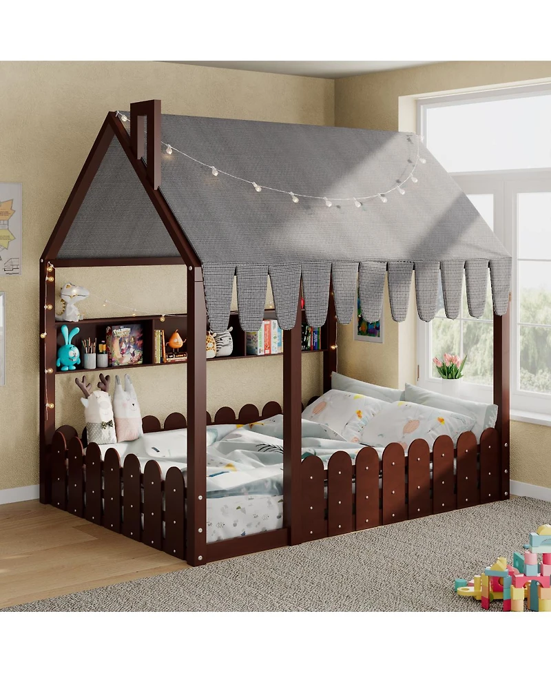 Streamdale Furniture Full Size Montessori House Bed with Fence, Storage and Lights