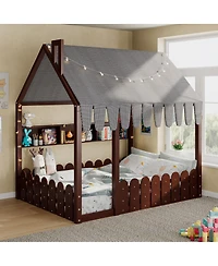 Streamdale Furniture Full Size Montessori House Bed with Fence, Storage and Lights