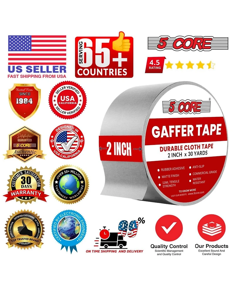 5 Core Gaffers Tape 2 Inch 30 Yards Professional Pro Gaff Tape Non Reflective Water Resistant