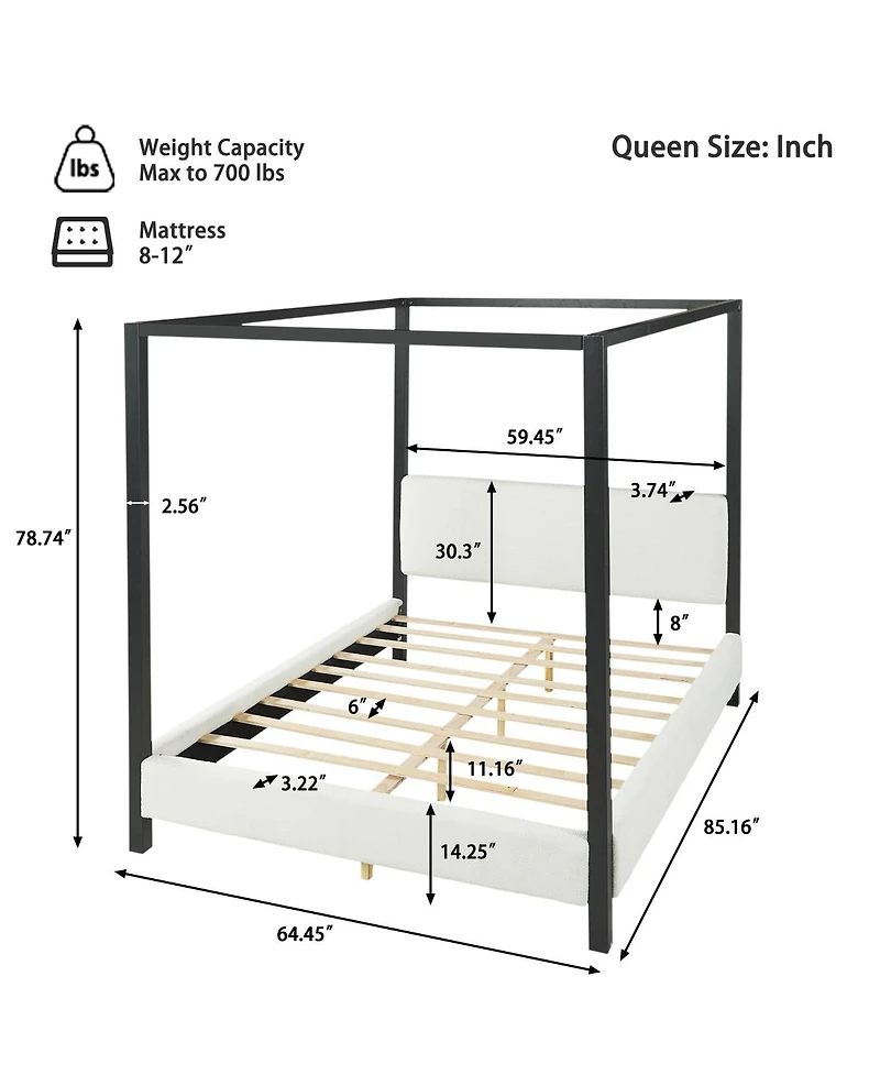 Streamdale Furniture Modern Metal Canopy Bed with Plush Boucle Upholstery, Queen
