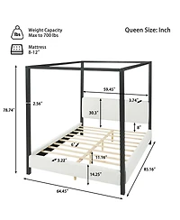 Streamdale Furniture Modern Metal Canopy Bed with Plush Boucle Upholstery, Queen
