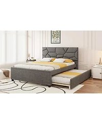 Streamdale Furniture Queen Upholstered Platform Bed with Brick Pattern Headboard and Twin Xl Trundle