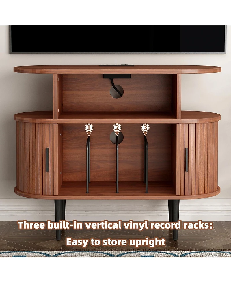 Streamdale Furniture Mid-Century Round Record Player Stand with Charging Station
