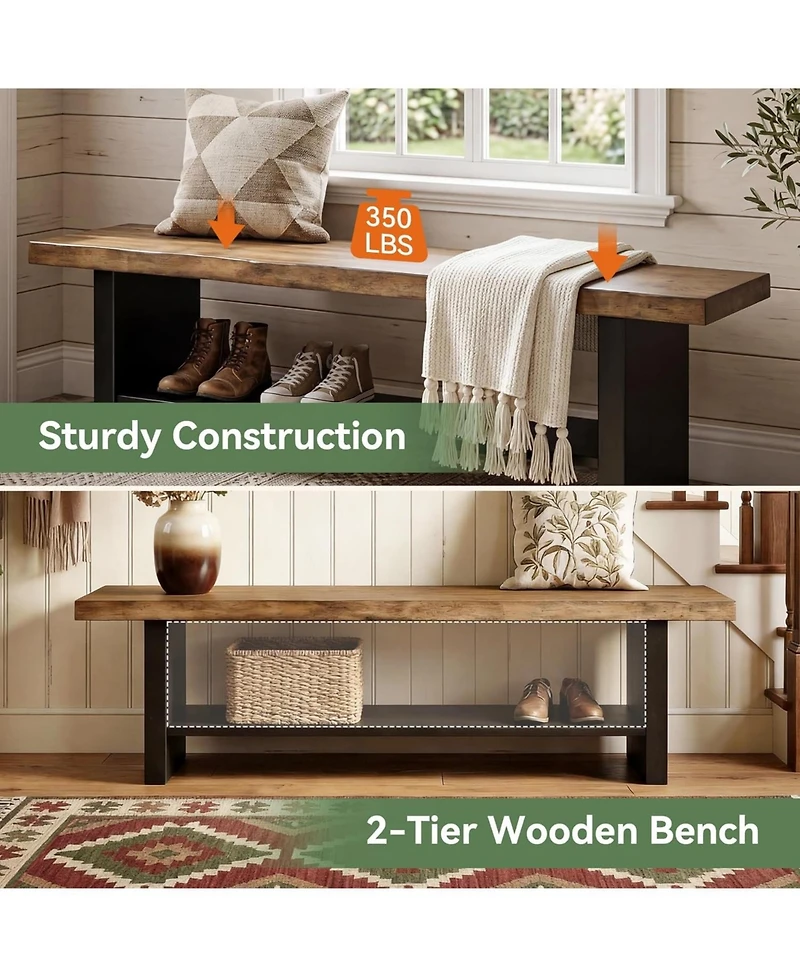 Tribesigns 55" Solid Wood Bench with Shoe Storage, 2-Tier Farmhouse Entryway Bench, Narrow Bench