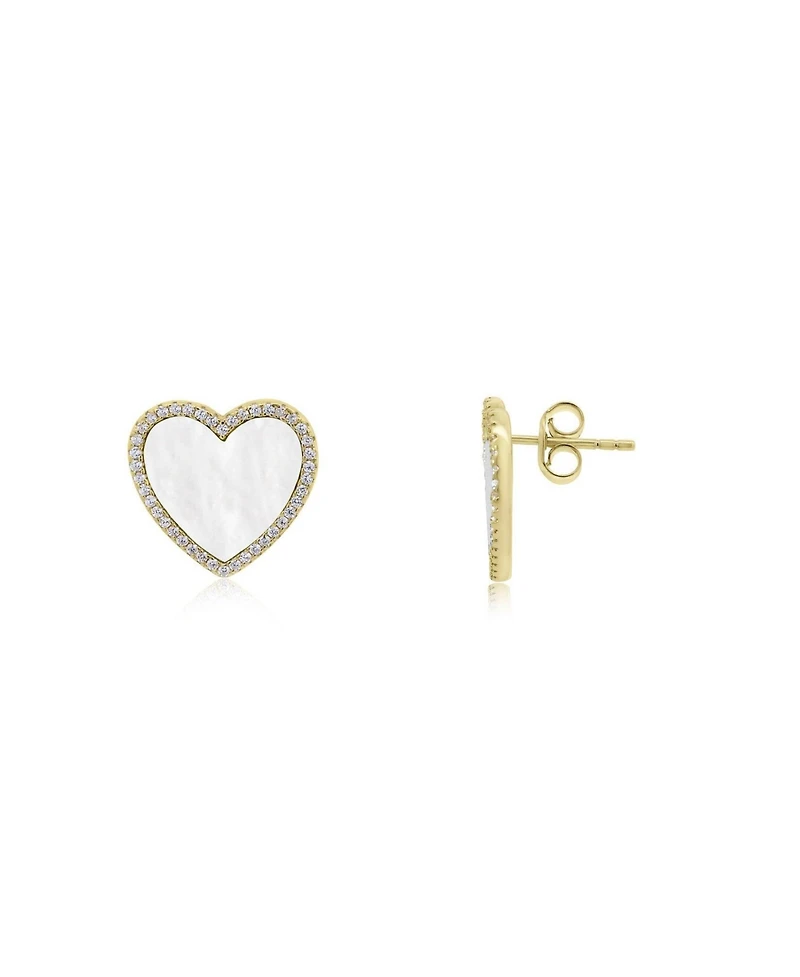 The Lovery Large Mother of Pearl Cz Halo Heart Stud Earrings 14K Gold-Plated Sterling Silver