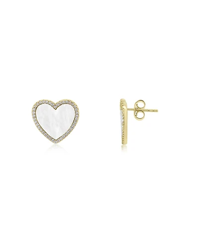The Lovery Large Mother of Pearl Cz Halo Heart Stud Earrings 14K Gold-Plated Sterling Silver