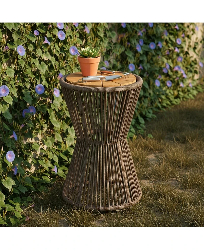 Streamdale Furniture Rope and Acacia Wood Hourglass Outdoor Side Table, 25.8"H