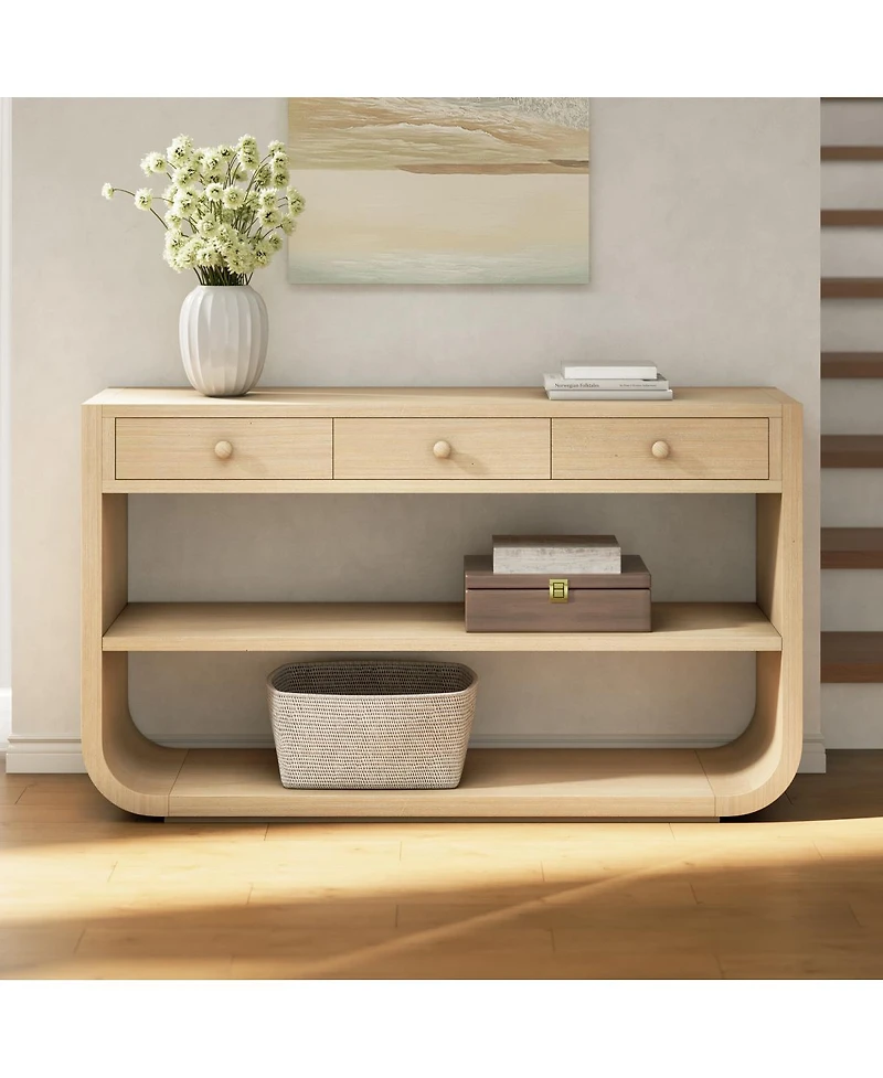 Streamdale Furniture Modern Curved Console Table with 3 Drawers and 2 Shelves, Solid Wood Base