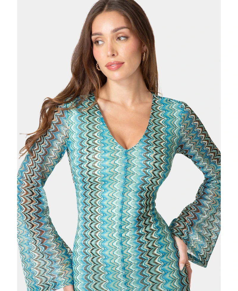 Bebe Women's Crochet Stripe Bell Sleeve Maxi Dress