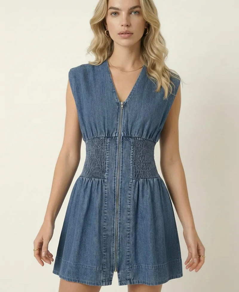 Modenaire Women's Denim Cap-Sleeve Smocked-Waist Mini Dress
