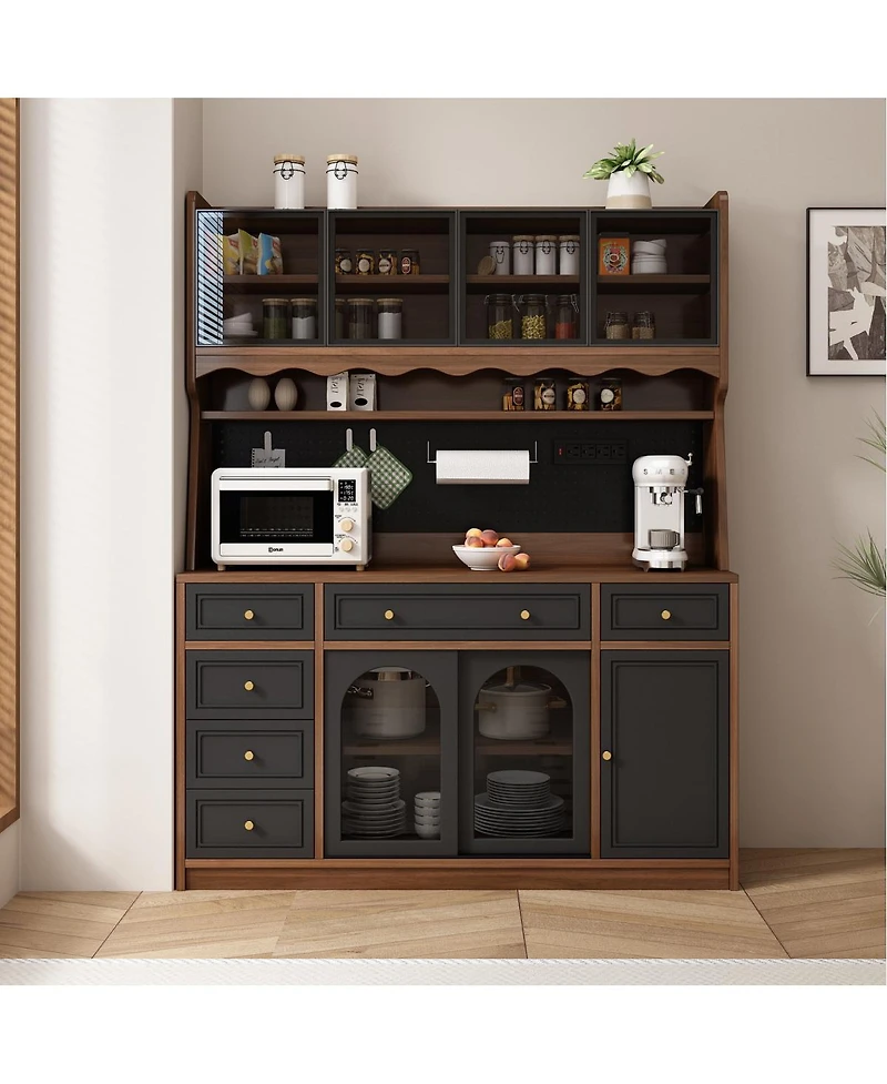 Streamdale Furniture 63'' Buffet Storage Cabinet with Hutch, Coffee Bar, 6 Drawers and Power Outlet