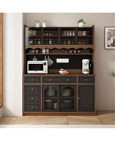 Streamdale Furniture 63'' Buffet Storage Cabinet with Hutch, Coffee Bar, 6 Drawers and Power Outlet