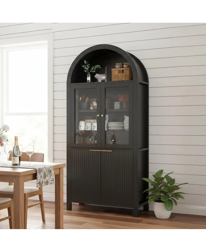 Streamdale Furniture 71" Fluted Arched Pantry Cabinet with Adjustable Shelves and Glass Door