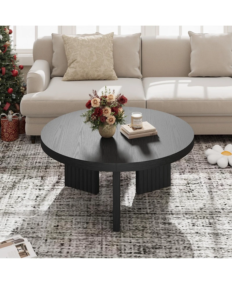 homfan Round Coffee Table, Circle Center Table with Fluted Legs and Thick Top, Accent Cocktail Tables for Living Room, Bedroom, Easy Assembly