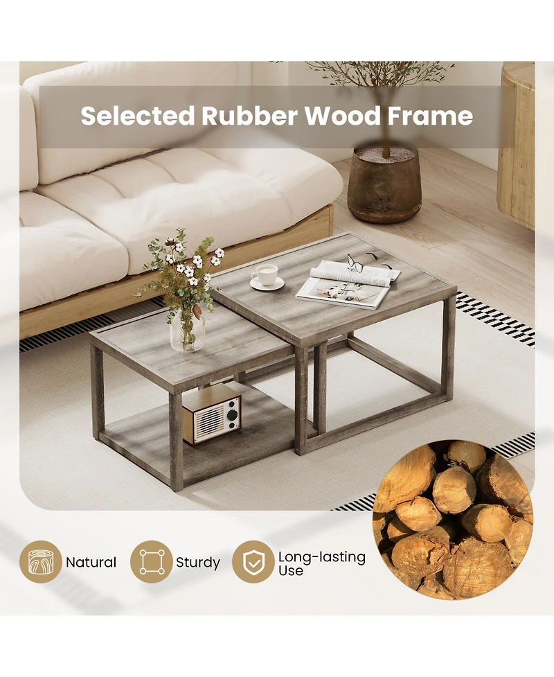 Gymax Nesting Coffee Table Set of 2 Stackable Rectangular End Tables With Storage Shelf