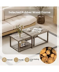 Gymax Nesting Coffee Table Set of 2 Stackable Rectangular End Tables With Storage Shelf