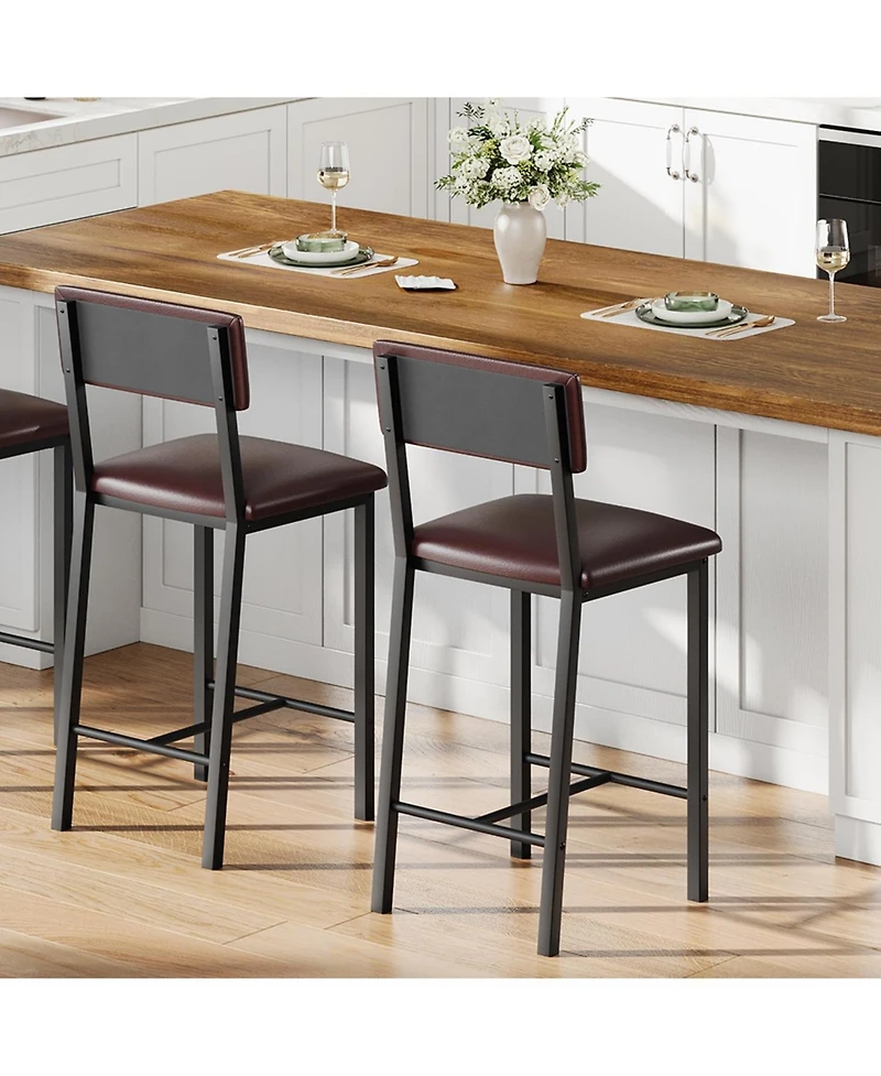 homfan 2 Pack 25" Counter Height Stools, Ergonomic Pu Leather Seats with Backrest & Footrest, Metal Frame, Easy-Clean for Indoor Use