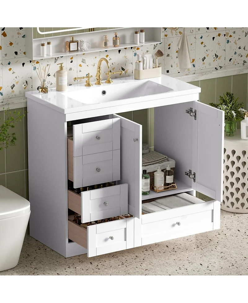 Sillysis 36 Inch Bathroom Vanity with Resin Sink, Shaker Style Mdf Cabinet, 4 Soft Close Drawers, Storage for Small Spaces