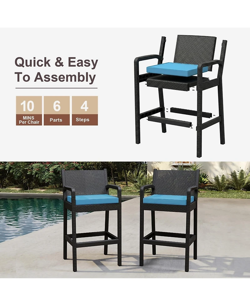 homfan Set of 4 All-Weather Wicker Bar Stools, 30 Inch Patio Height Chairs with Cushions, Ideal for Backyard, Pool, Garden and Balcony