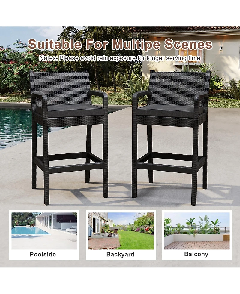 homfan set of 2 black wicker outdoor bar stools with armrests and cushions, perfect for patio, balcony, garden, pool, or deck seating.