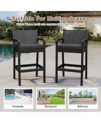 homfan set of 2 black wicker outdoor bar stools with armrests and cushions, perfect for patio, balcony, garden, pool, or deck seating.