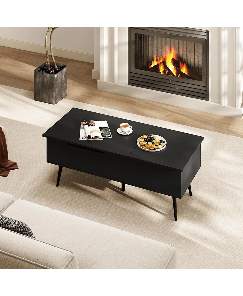 Gymax Lift Top Coffee Table/ Split Top and 2 Hidden Compartments Tapered Metal Legs
