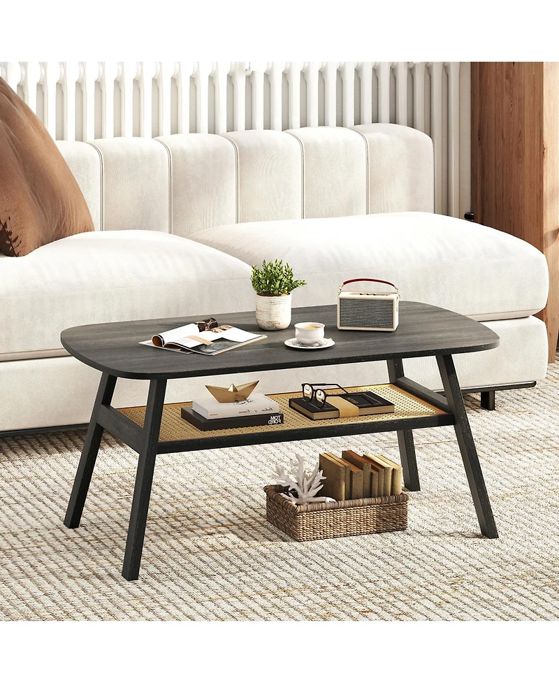 Gymax 2-Tier Coffee Table / Rattan Storage Shelf and Rubber Wood Legs for Living Room