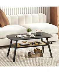 Gymax 2-Tier Coffee Table / Rattan Storage Shelf and Rubber Wood Legs for Living Room
