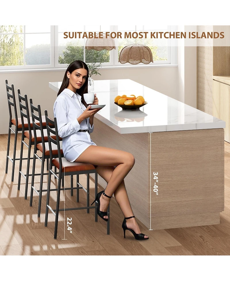 homfan Set of 4 Modern Counter Height Bar Stools with Thick Pu Leather Cushion - Curved Back, Waterproof Metal Dining Chairs