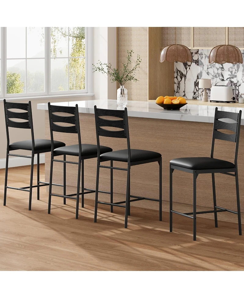 homfan Modern Counter Height Bar Stools Set of 4 - Wooden Dining Chairs with Faux Leather Upholstery, Ideal for Kitchen Island, Dining Room