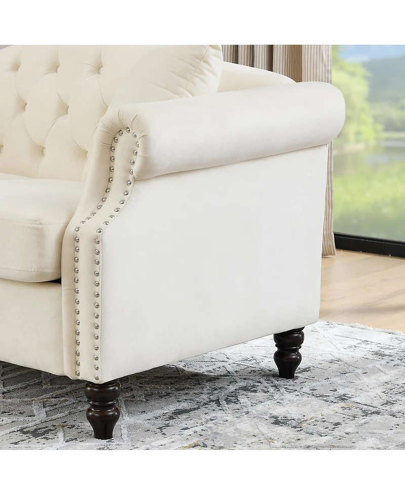 Streamdale Furniture Faux Leather Chesterfield Sofa with Nailhead Trim and 2 Pillows