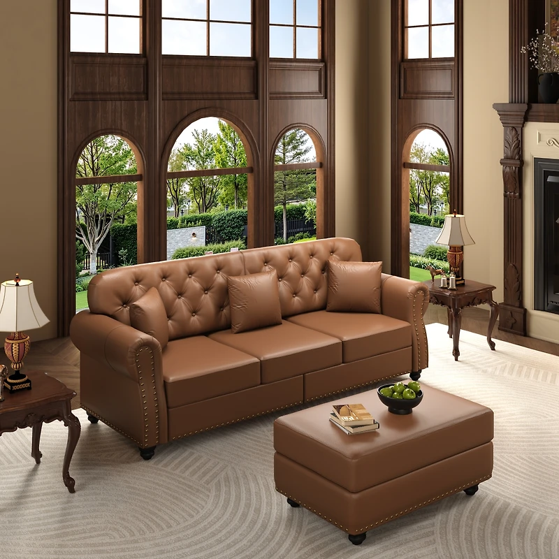 Streamdale Furniture Faux Leather Chesterfield Sofa with Nailhead Trim and 2 Pillows