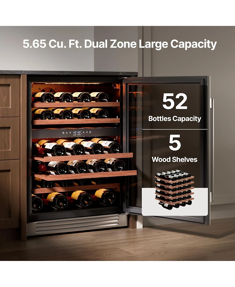 Ca'Lefort 24 Inch 52 Bottle Wine Cooler Refrigerator, 40-65degree(s)F Dual Zone Wine Refrigerator,3 Led Built-in for Home(5.65 cu.ft)