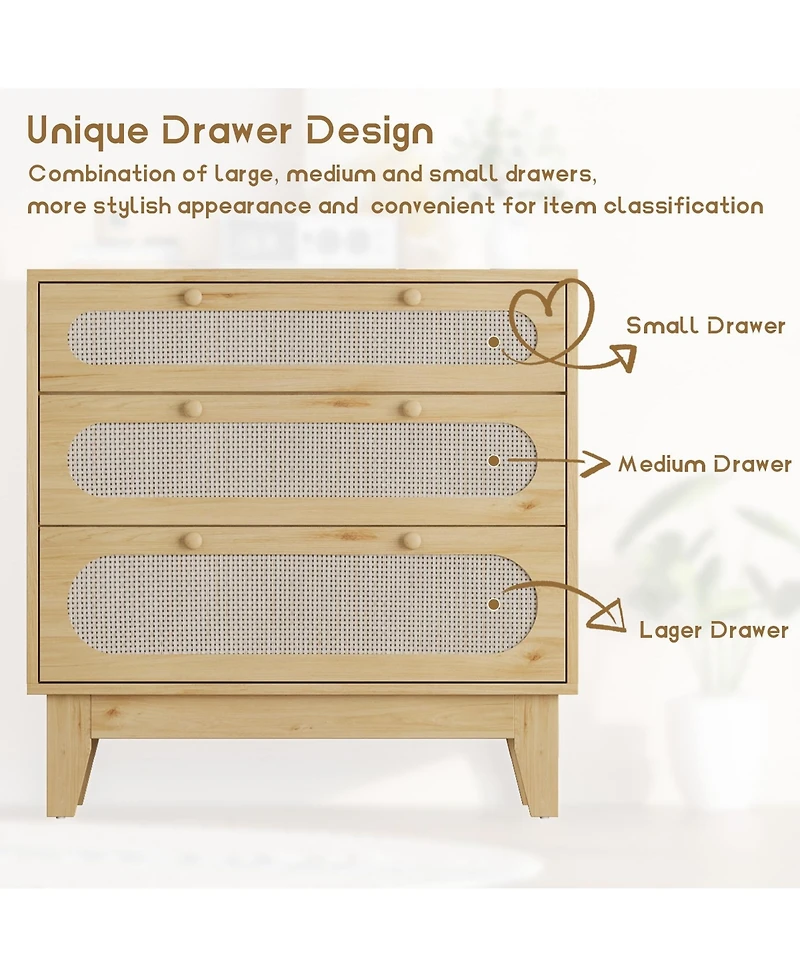 homfan Modern Rattan 3 Drawer Dresser for Bedroom - Wooden Farmhouse Storage Chest with Handles and Anti-Tip Kit