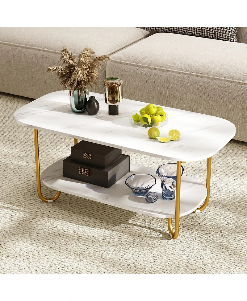Gymax Faux Marble Top Coffee Table w/Metal Frame Rounded Corners and Storage Shelf