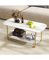 Gymax Faux Marble Top Coffee Table w/Metal Frame Rounded Corners and Storage Shelf